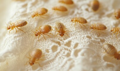 Close-up of bed bugs crawling on a white cloth, highlighting the growing issue of insect infestations and the importance of effective pest control measures, Generative AI