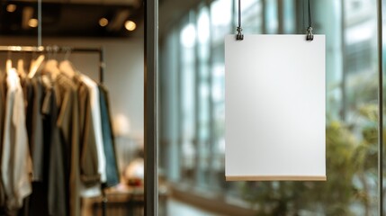 Eye-catching photo of commercial blank white signboard hanging vertically behind window glass of boutique or fashion store.