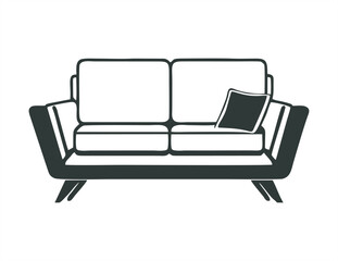 A sleek couch icon in black and white with a cushion. This image features simple, clean lines and a flat, modern silhouette. Ideal for websites, presentations, and infographics related to home decor, 