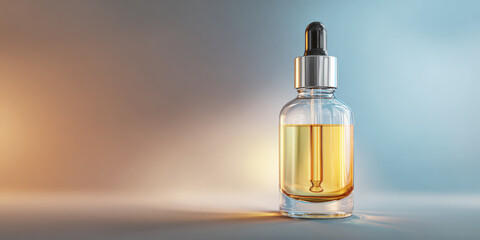 Clear glass dropper bottle filled with golden serum liquid is set against gradient background, creating serene and elegant atmosphere. bottle reflective surface adds touch of sophistication