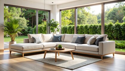 Sunlit living room with large windows, sectional sofa, coffee table, and plants