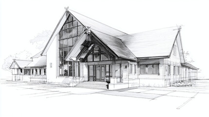 Architectural sketch of a modern building with a gable roof and large windows, showcasing a detailed design.