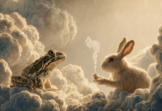 A frog and a rabbit are set amongst cloud formations. The rabbit holds a smoking object, seemingly offering it to the frog.