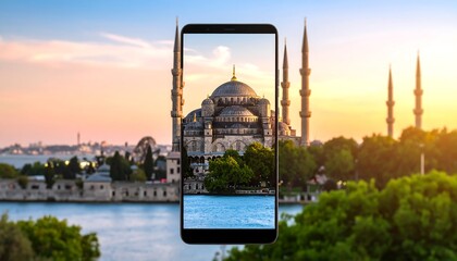 Naklejka premium Exploring Istanbul's Beauty: Capturing the Blue Mosque with Mobile Technology