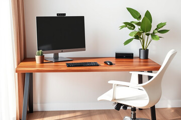 Minimalist home office desk with monitor and ergonomic chair — AI generated
