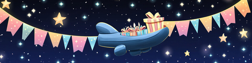 Tiny cozy spaceship delivering birthday gifts among stars sticker,