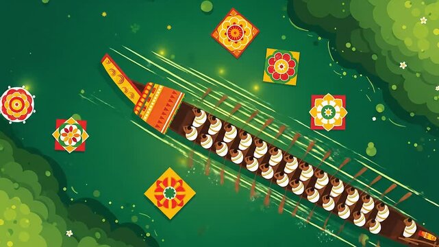 Colorful festive illustration of snake boat race for happy onam festival celebration traditional kerala culture depiction for microstock