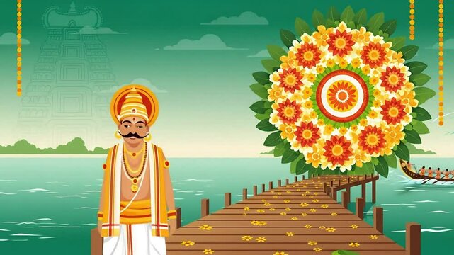 Cheerful onam celebration illustration king mahabali flower rangoli keralas festive traditions happy holiday cultural design