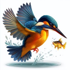 Obraz premium Adorable Kingfisher Plunging for a Fish A Captivating Cartoon Illustration for Nature Lovers and Childrens Education
