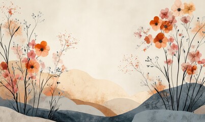 Boho style background with neutral pastel tones and natural floral elements. This aesthetic minimalist design evokes a calming, serene atmosphere, ideal for social media content, Generative AI