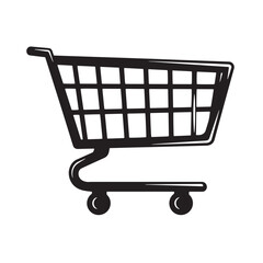 A simple illustration of a black shopping cart icon on white background