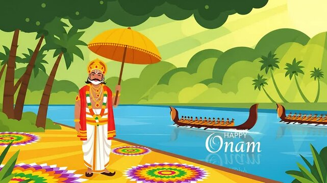 Happy onam festival a vibrant kerala cultural celebration with snake boats traditional figures and colorful floral decorations for festive background