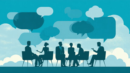 Silhouetted group discussion with speech bubbles, showcasing communication and teamwork in a stylized, professional environment. Collaboration is key.