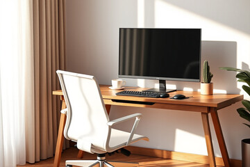 Minimalist home office desk with monitor and ergonomic chair — AI generated
