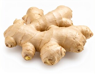 Fototapeta premium Close-up of a fresh, raw ginger root with a textured, light brown skin on a white background.