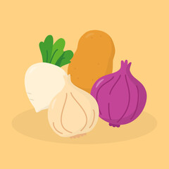 Fresh Vegetable Illustration with Garlic, Onion, Potato, and radish. Colorful vegetable illustration featuring garlic, onion, potato, and radish on pastel.