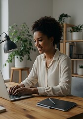 African dark skinned woman working on a laptop in a minimal setting room