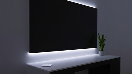 Fototapeta premium Modern Living Room Entertainment Center with Ambient LED Lighting and Minimalist Decor Accents