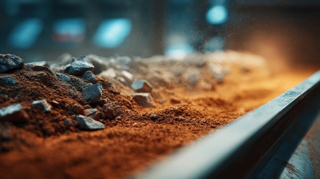 Eye-catching photo of industrial processing of rare earth elements. Precious metals extracted from ore. Material on conveyor belt. Mining industry. Extraction process. Sustainable.