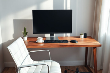 Minimalist home office desk with monitor and ergonomic chair — AI generated
