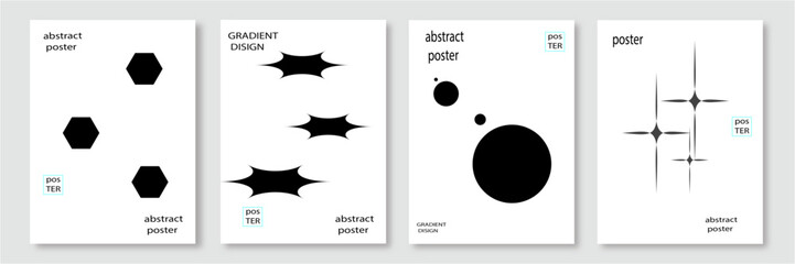 Abstract monochrome poster background vector set. Modern cover template with black and white perspective geometric prism shape, line, dot halftone. Ideal design for social mediplaying cards background