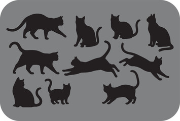 Black Cat Silhouettes in Various Poses Including Walking, Sitting, and Pouncing Isolated on a Grey Background