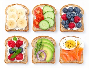 Collection of six healthy toasts with assorted fresh fruit, vegetable, and salmon toppings