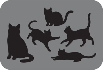 A collection of five black cat silhouettes in various playful and resting poses against a simple grey background perfect for graphic design and illustration