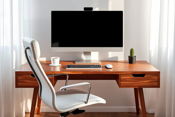 Minimalist home office desk with monitor and ergonomic chair — AI generated
