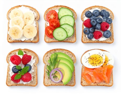 Collection of six healthy toasts with assorted fresh fruit, vegetable, and salmon toppings
