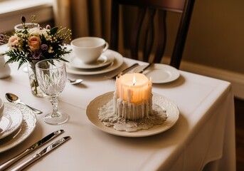 Fototapeta premium Elegant table setting with candle and flower arrangement in soft light