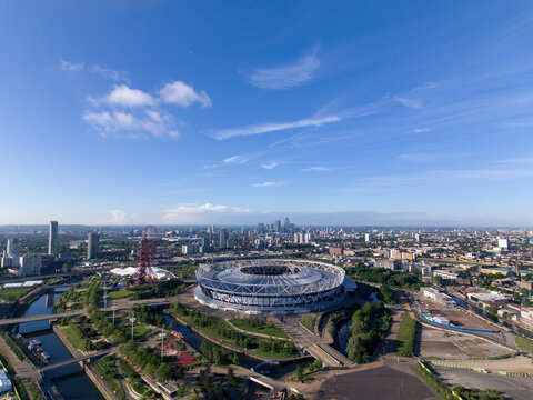 LONDON, UK - JUNE 05, 2024: Drone aerial view of London Olympic Stadium