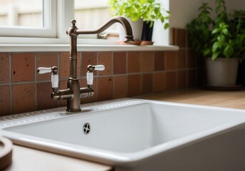 Rustic kitchen sink with brass faucet and brick tile backsplash