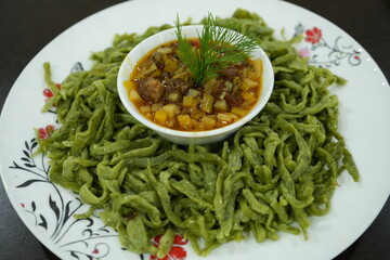 Uzbekistani Dish, Shivit Oshi, Green Pasta Noodle - ウズベキスタン料理 シヴィット・オシュ
