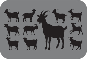 Collection of black goat silhouettes in various poses and sizes arranged on a grey background showcasing farm animals and livestock