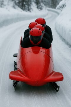 Red bobsled team races along an icy track in a winter event, showcasing speed and collaboration as part of competitive winter sports.