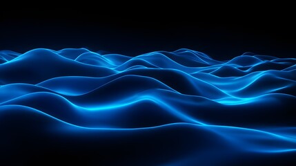 Abstract design of glowing blue waves against a black background.