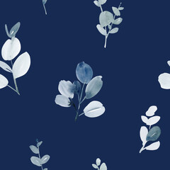 Frosted Watercolor Eucalyptus Leaf Pattern in Dusty Blue and Sage