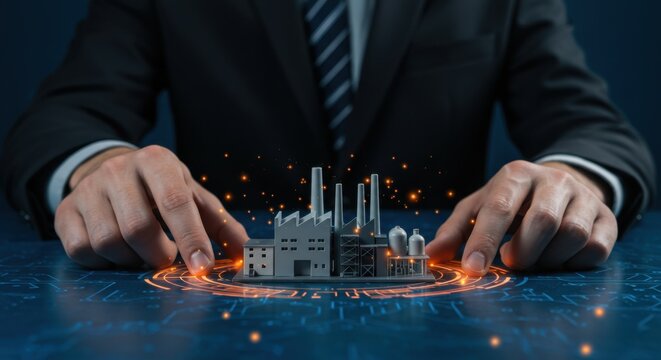 Man building industrial factory. Manager controlling smart production. Business, future, technology concept. Manufacturing technology for enterprise automation.