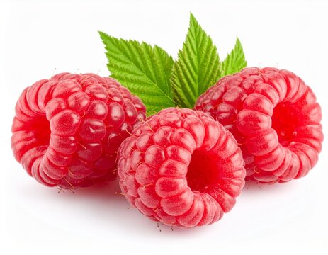 Three Ripe Red Raspberries with Green Leaves on White Background