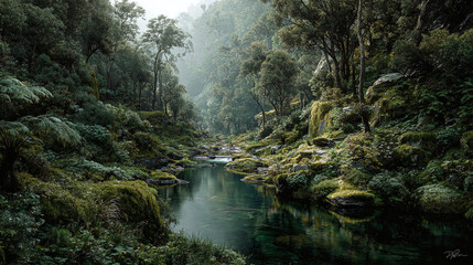 Tranquil river flowing through a lush, green forest. Mossy rocks and dense trees create a serene and peaceful atmosphere. Nature's beauty in full display.