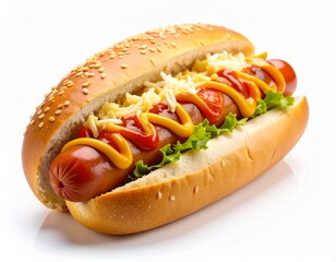 Gourmet hot dog with shredded cheese, ketchup, and mustard in a sesame seed bun, isolated on white.