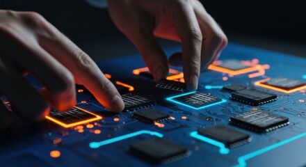 Naklejka premium Man or woman installing microchip on illuminated circuit board. Advanced technology or artificial intelligence concept for digital innovation.