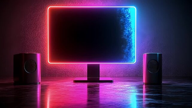 Neon Lit Computer Monitor with Abstract Neon Display and Reflective Metallic Surface
