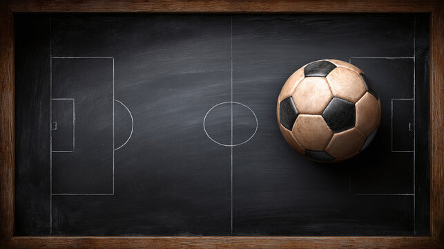 Soccer field diagram on blackboard with a ball on the right side. The board has a wooden frame and the ball is brown and black.