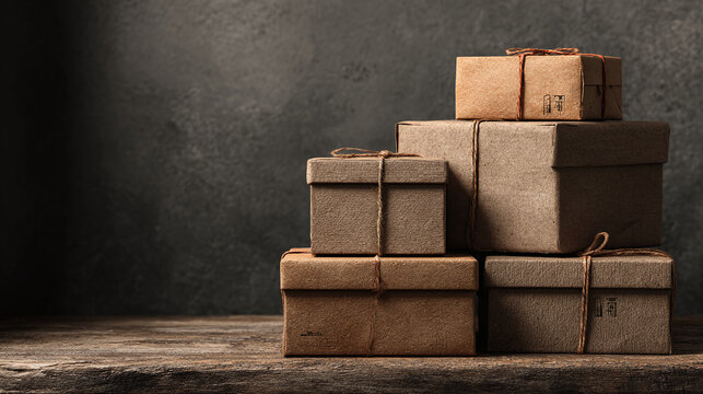 Stack of wrapped packages. A rustic wood surface is the staging point for a series of parcel gifts. The neutral color scheme is simple but beautiful.