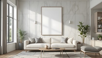 A modern, minimalist living room.Interior mockup with house background.3D render.