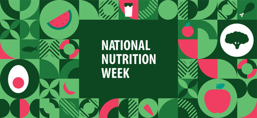 National Nutrition week banner Pattern post. 1 to 7 September Nutritional week cover banner with stickers, icon of healthy fruits and vegetables.