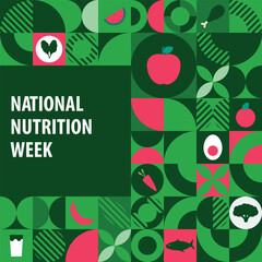 National Nutrition week banner Pattern post. 1 to 7 September Nutritional week cover banner with stickers, icon of healthy fruits and vegetables.
