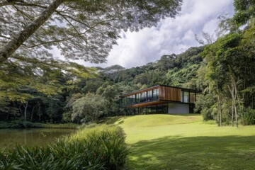 Modern architectural design blends seamlessly with nature in a tranquil forest setting near a reflective pond, showcasing harmonious living with the environment
